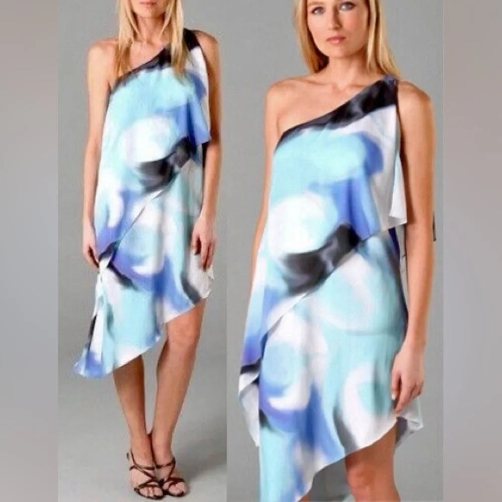 Halston Heritage Galaxy Blue One Shoulder Tiered Asymmetric Dress 8 - Picture 1 of 13